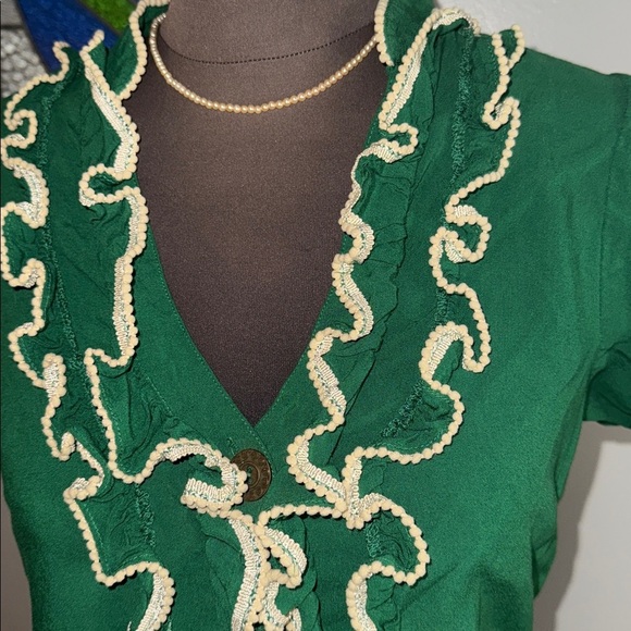 Odille Vintage Y2K Kelly Green Ruffle Collar Short Sleeve Blouse SZ 4 - Picture 2 of 9